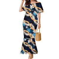 Puakenikeni Maile Lei Family Matching Mermaid Dress and Hawaiian Shirt Frangipani Blue Tropical Leaves LT01 Mom's Dress Blue - Polynesian Pride