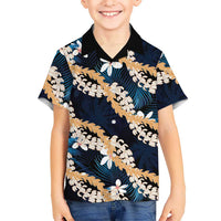Puakenikeni Maile Lei Family Matching Mermaid Dress and Hawaiian Shirt Frangipani Blue Tropical Leaves LT01 Son's Shirt Blue - Polynesian Pride