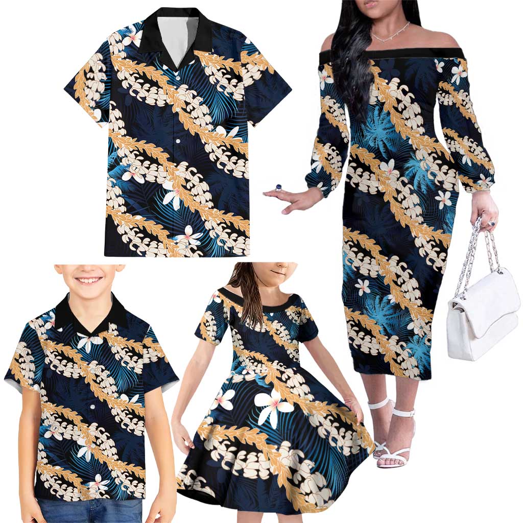 Puakenikeni Maile Lei Family Matching Off The Shoulder Long Sleeve Dress and Hawaiian Shirt Frangipani Blue Tropical Leaves