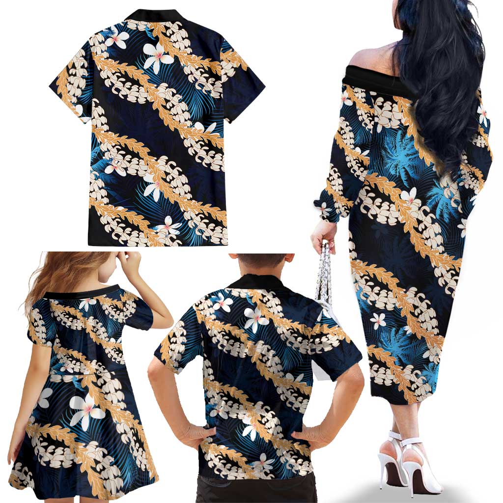 Puakenikeni Maile Lei Family Matching Off The Shoulder Long Sleeve Dress and Hawaiian Shirt Frangipani Blue Tropical Leaves LT01 - Polynesian Pride