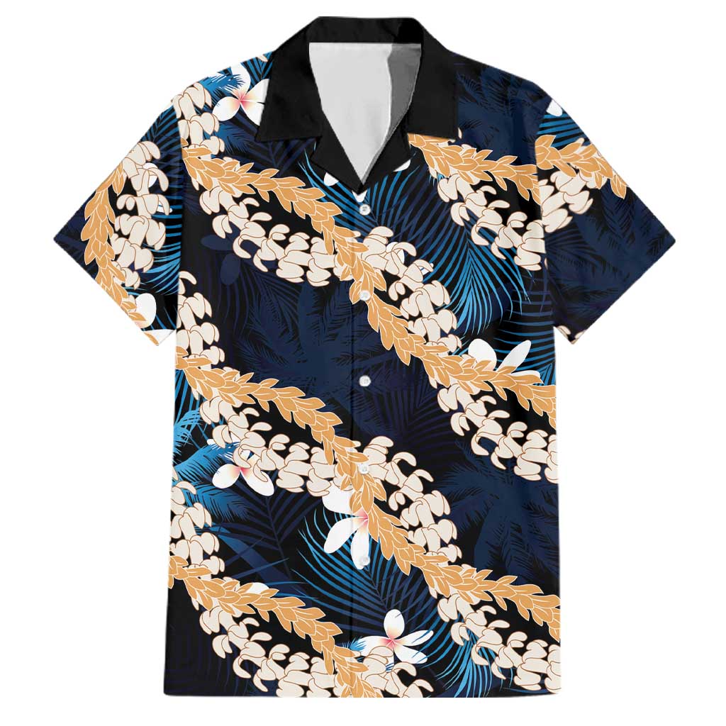 Puakenikeni Maile Lei Family Matching Off The Shoulder Long Sleeve Dress and Hawaiian Shirt Frangipani Blue Tropical Leaves LT01 Dad's Shirt - Short Sleeve Blue - Polynesian Pride