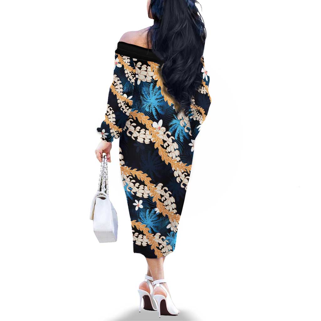 Puakenikeni Maile Lei Family Matching Off The Shoulder Long Sleeve Dress and Hawaiian Shirt Frangipani Blue Tropical Leaves LT01 - Polynesian Pride