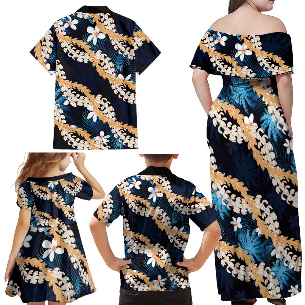 Puakenikeni Maile Lei Family Matching Off Shoulder Maxi Dress and Hawaiian Shirt Frangipani Blue Tropical Leaves LT01 - Polynesian Pride