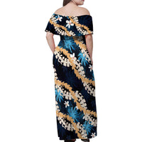 Puakenikeni Maile Lei Family Matching Off Shoulder Maxi Dress and Hawaiian Shirt Frangipani Blue Tropical Leaves LT01 - Polynesian Pride