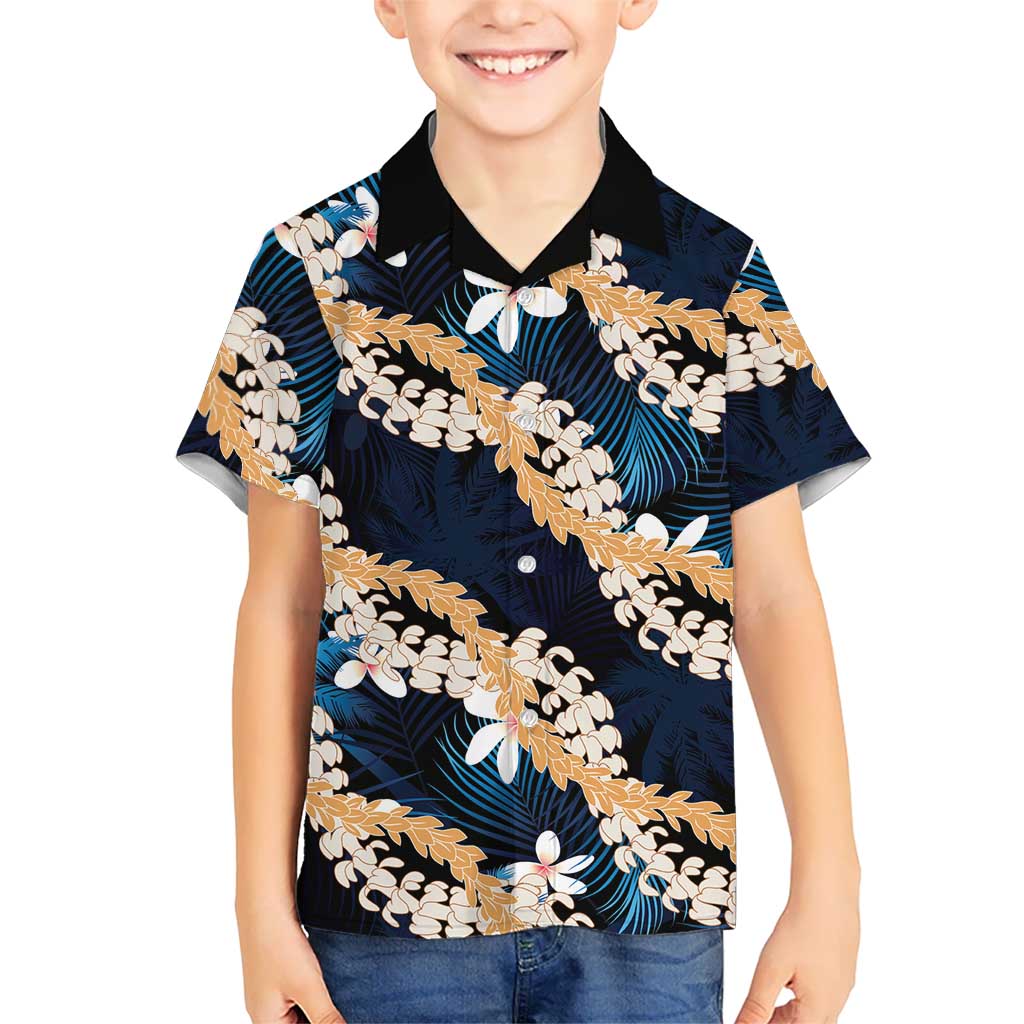 Puakenikeni Maile Lei Family Matching Puletasi and Hawaiian Shirt Frangipani Blue Tropical Leaves LT01 Son's Shirt Blue - Polynesian Pride