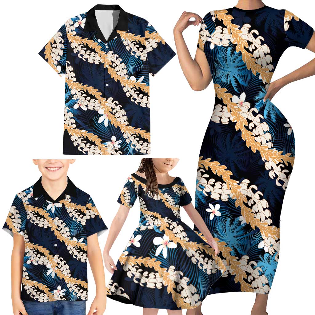 Puakenikeni Maile Lei Family Matching Short Sleeve Bodycon Dress and Hawaiian Shirt Frangipani Blue Tropical Leaves LT01 - Polynesian Pride