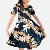 Puakenikeni Maile Lei Family Matching Summer Maxi Dress and Hawaiian Shirt Frangipani Blue Tropical Leaves LT01 Daughter's Dress Blue - Polynesian Pride