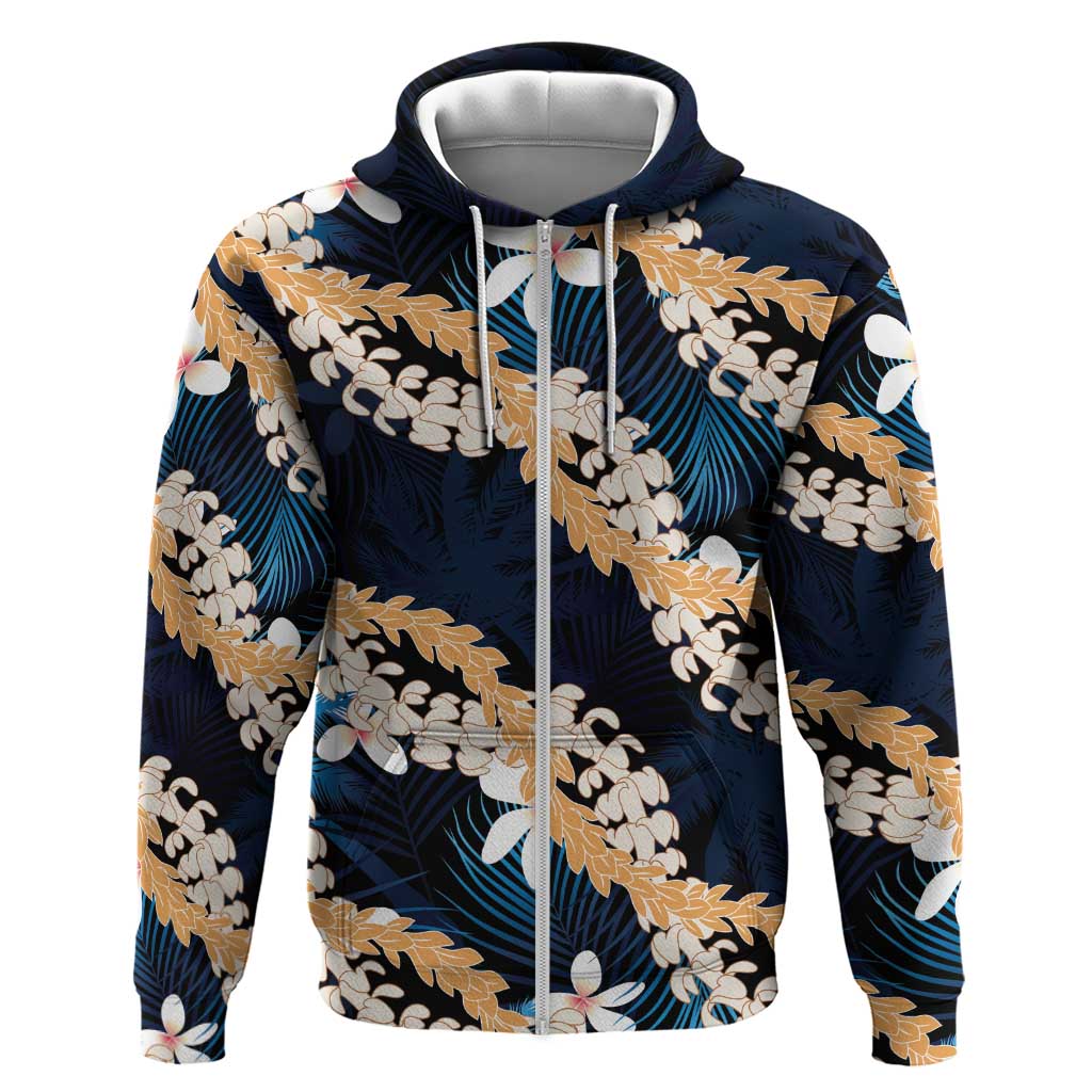 Puakenikeni Maile Lei Hoodie Frangipani Blue Tropical Leaves