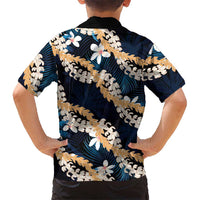 Puakenikeni Maile Lei Kid Hawaiian Shirt Frangipani Blue Tropical Leaves