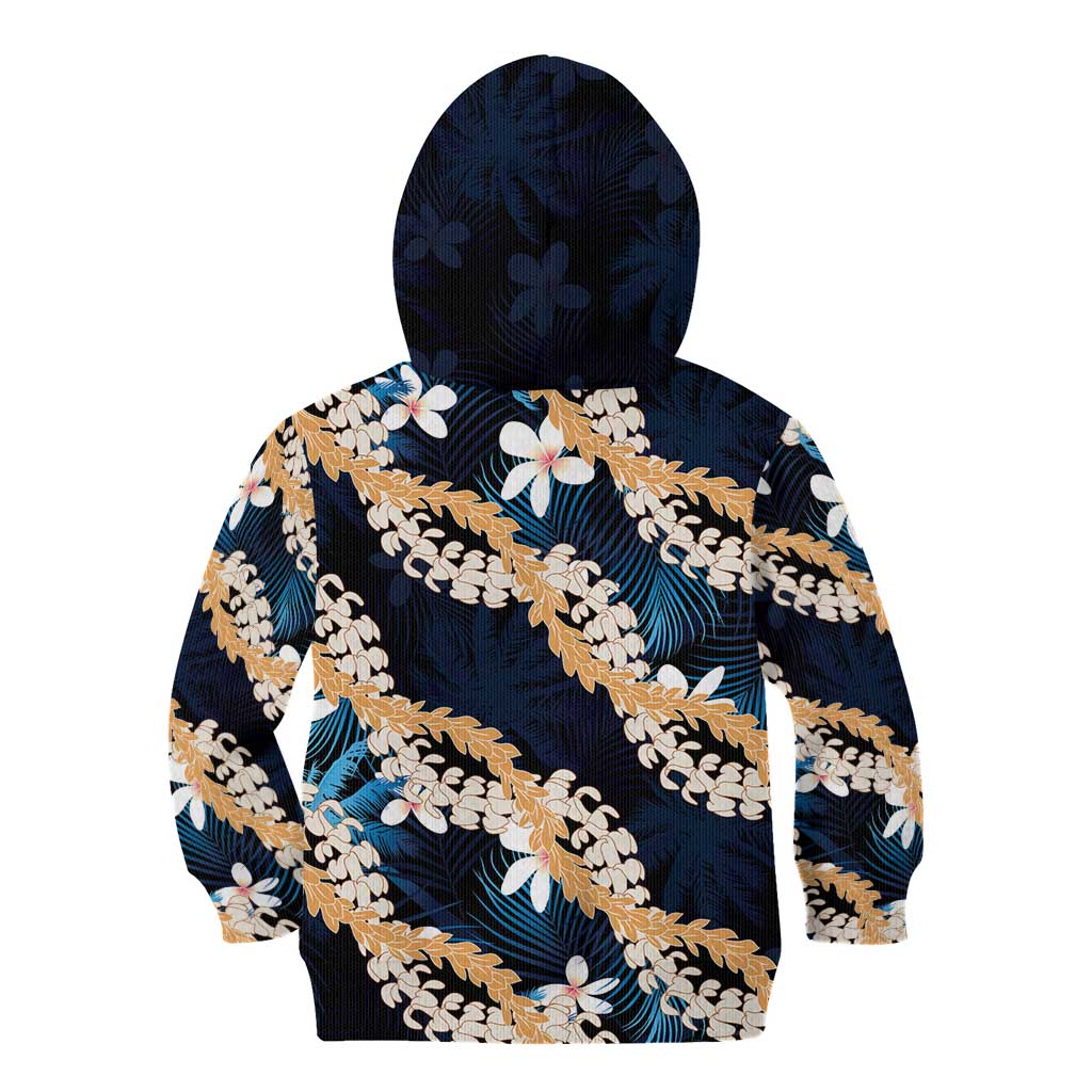 Puakenikeni Maile Lei Kid Hoodie Frangipani Blue Tropical Leaves