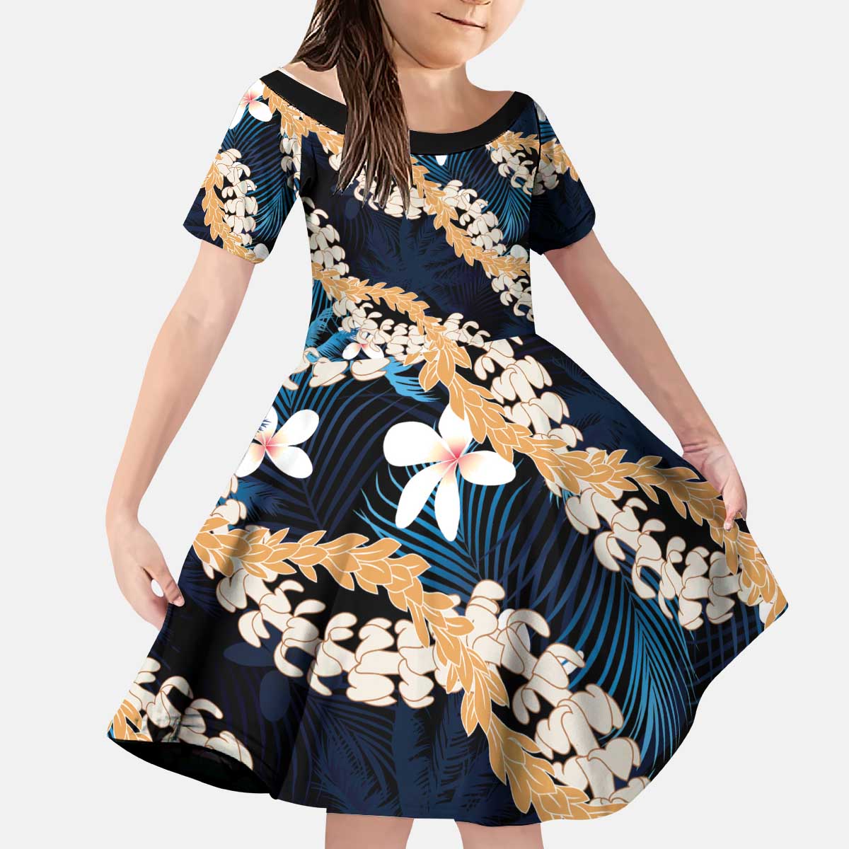 Puakenikeni Maile Lei Kid Short Sleeve Dress Frangipani Blue Tropical Leaves