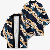 Puakenikeni Maile Lei Kimono Frangipani Blue Tropical Leaves LT01 - Polynesian Pride