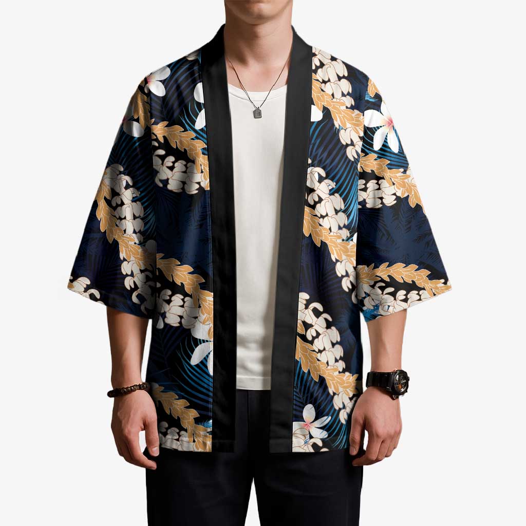 Puakenikeni Maile Lei Kimono Frangipani Blue Tropical Leaves LT01 - Polynesian Pride