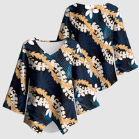 Puakenikeni Maile Lei Kimono Sleeve Blouse Frangipani Blue Tropical Leaves
