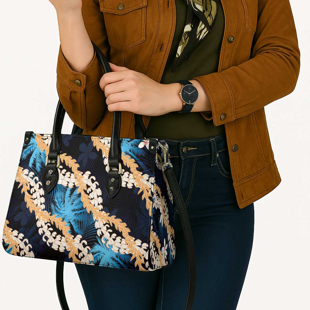 Puakenikeni Maile Lei Leather Bag Frangipani Blue Tropical Leaves