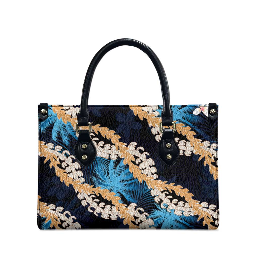 Puakenikeni Maile Lei Leather Bag Frangipani Blue Tropical Leaves