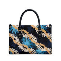 Puakenikeni Maile Lei Leather Bag Frangipani Blue Tropical Leaves