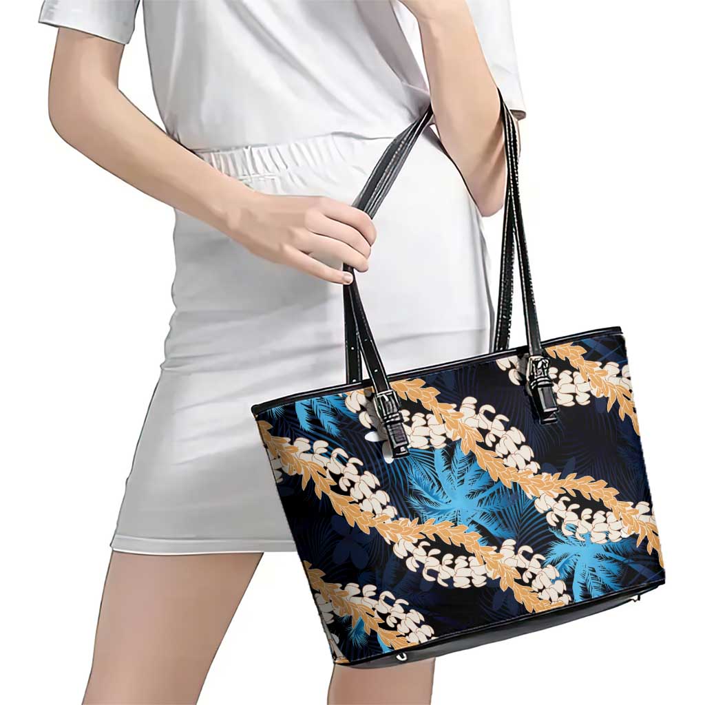 Puakenikeni Maile Lei Leather Tote Bag Frangipani Blue Tropical Leaves
