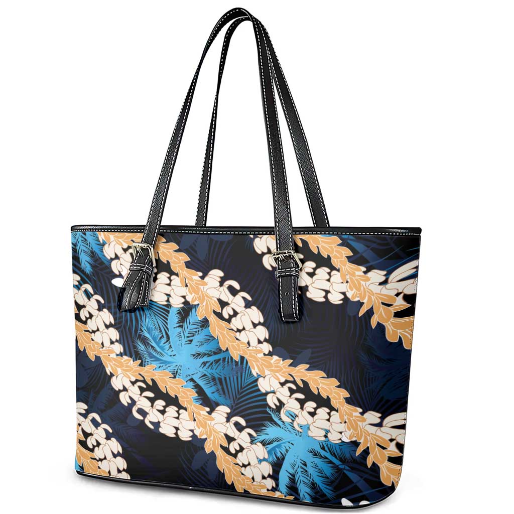 Puakenikeni Maile Lei Leather Tote Bag Frangipani Blue Tropical Leaves