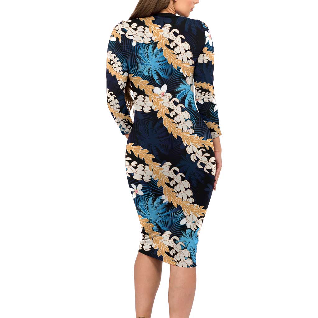 Puakenikeni Maile Lei Long Sleeve Bodycon Dress Frangipani Blue Tropical Leaves LT01 - Polynesian Pride