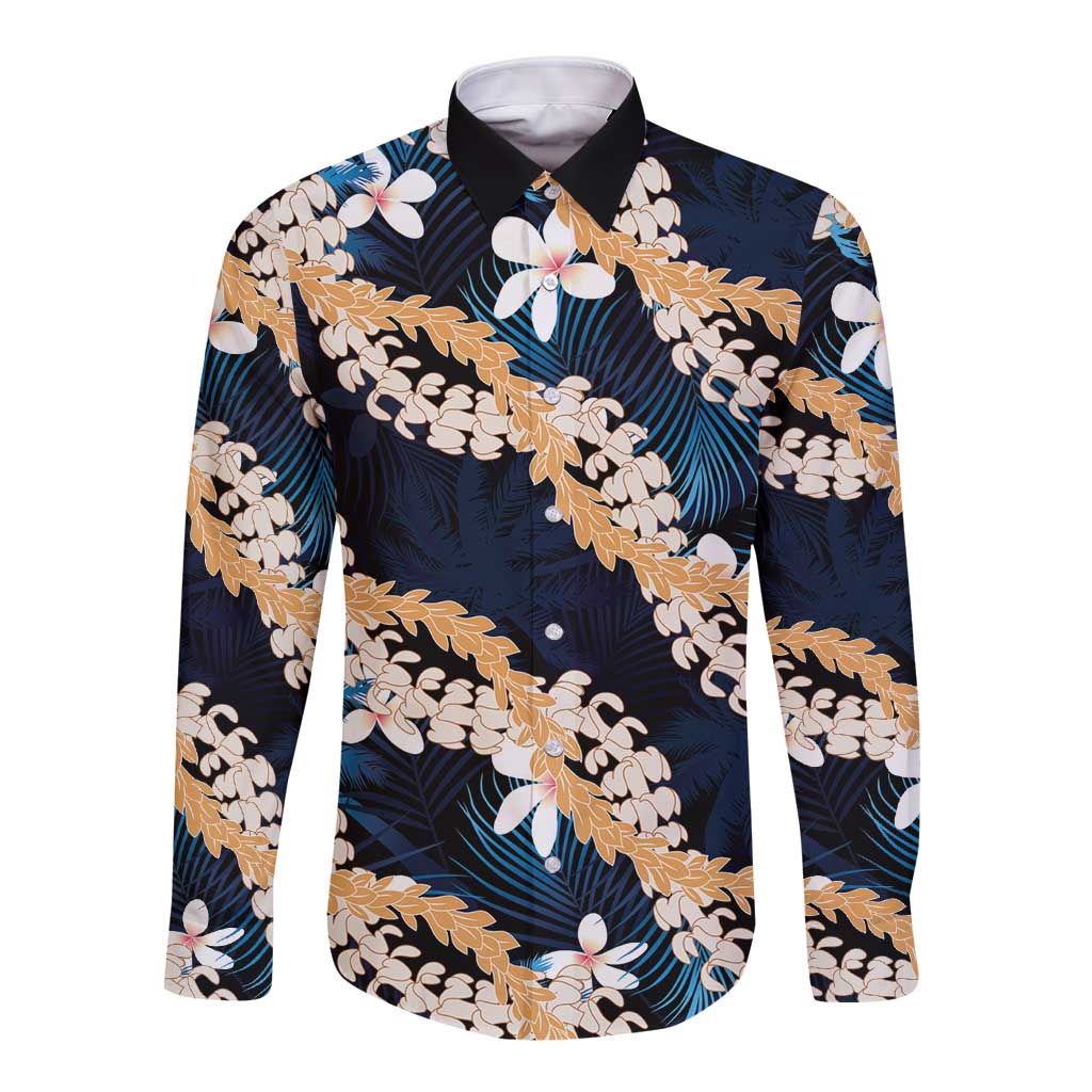 Puakenikeni Maile Lei Long Sleeve Button Shirt Frangipani Blue Tropical Leaves LT01 Unisex Blue - Polynesian Pride