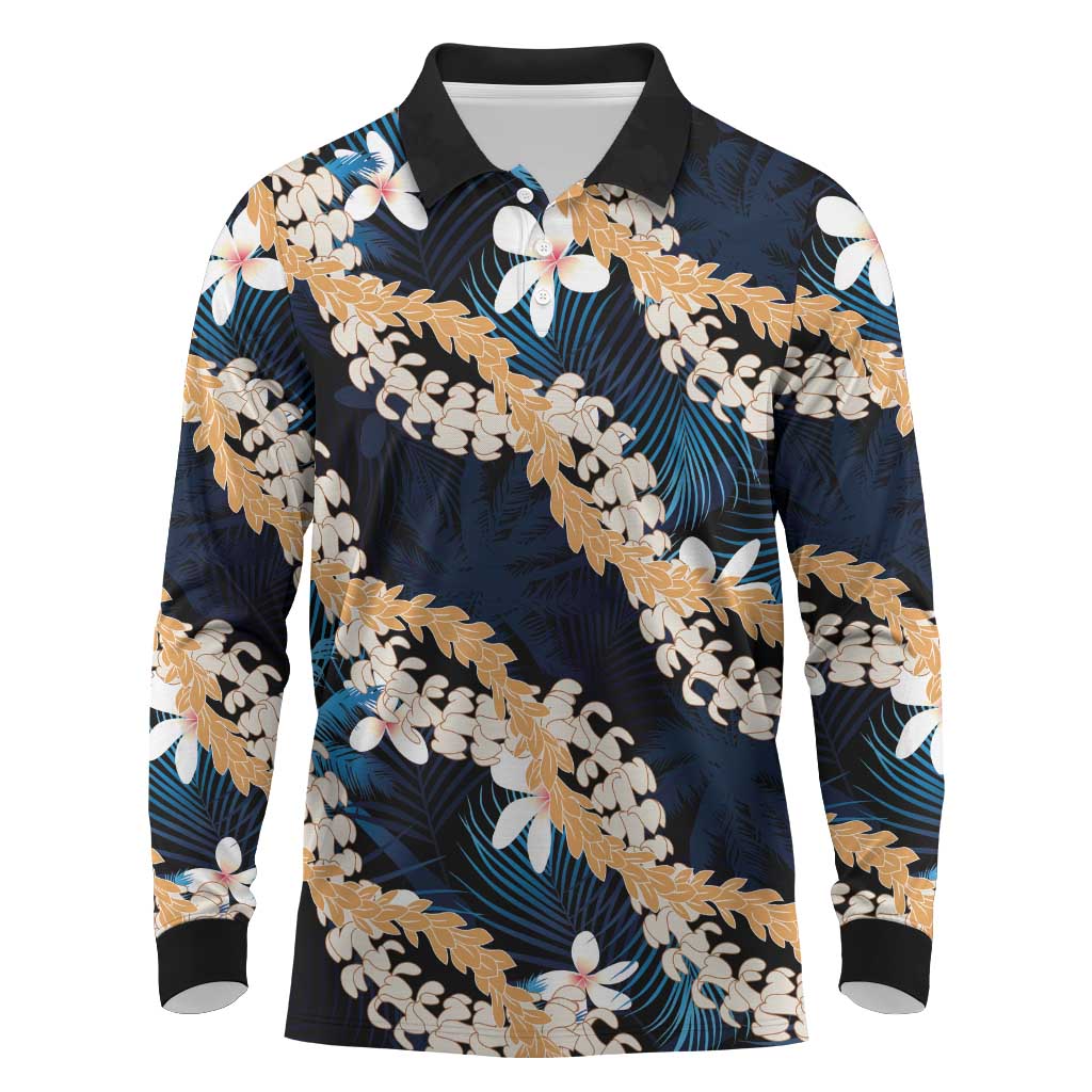Puakenikeni Maile Lei Long Sleeve Polo Shirt Frangipani Blue Tropical Leaves LT01 Blue - Polynesian Pride