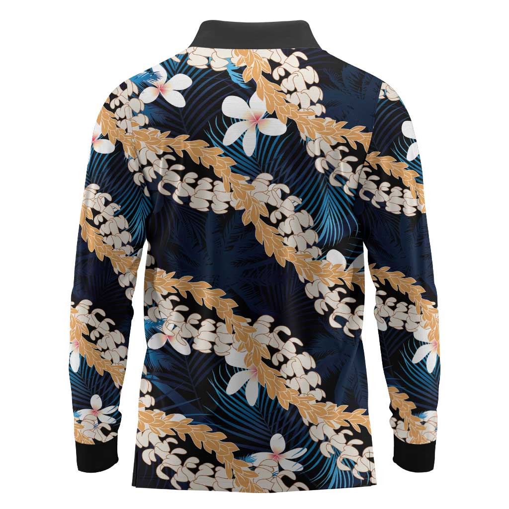 Puakenikeni Maile Lei Long Sleeve Polo Shirt Frangipani Blue Tropical Leaves LT01 - Polynesian Pride