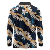 Puakenikeni Maile Lei Long Sleeve Polo Shirt Frangipani Blue Tropical Leaves LT01 - Polynesian Pride