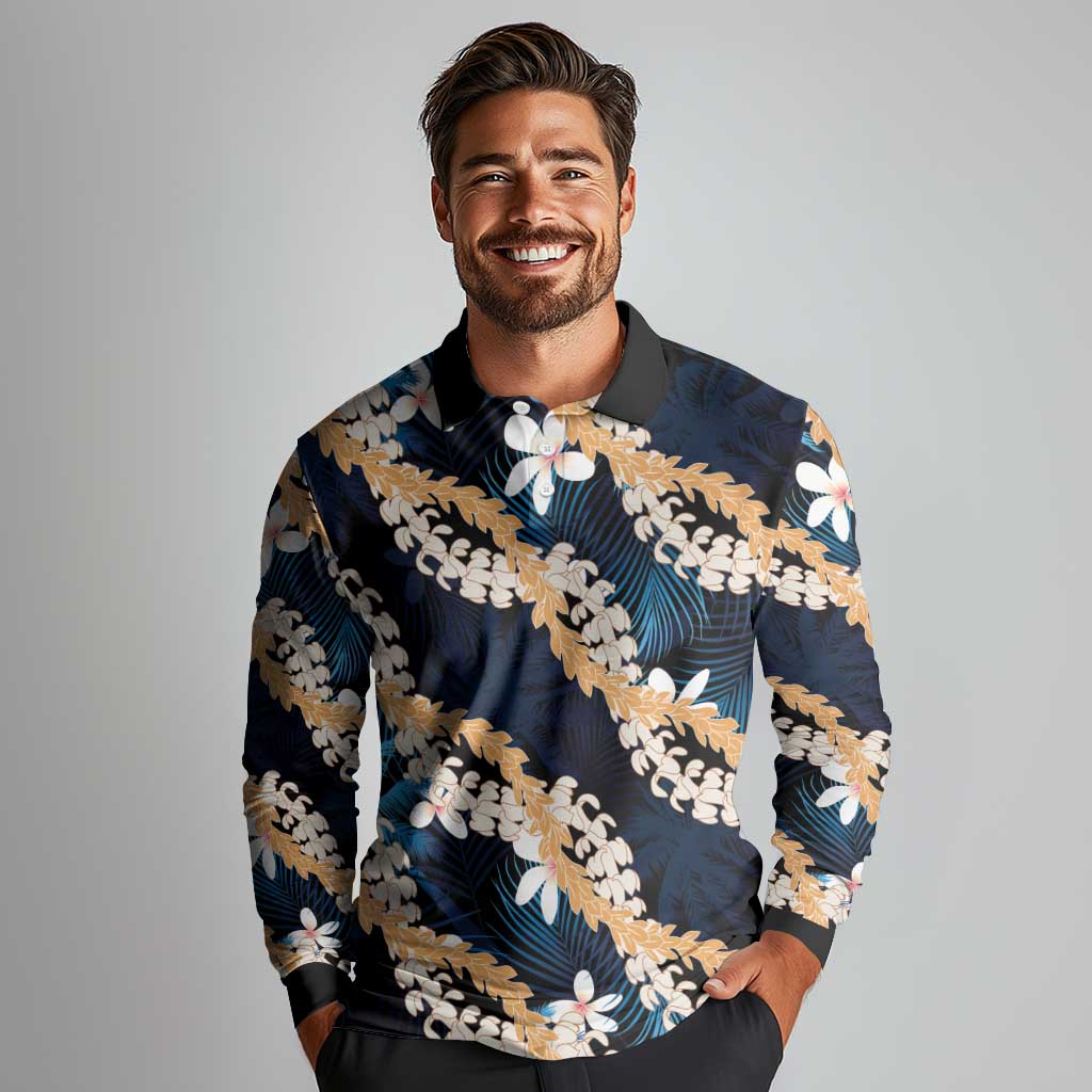 Puakenikeni Maile Lei Long Sleeve Polo Shirt Frangipani Blue Tropical Leaves LT01 - Polynesian Pride