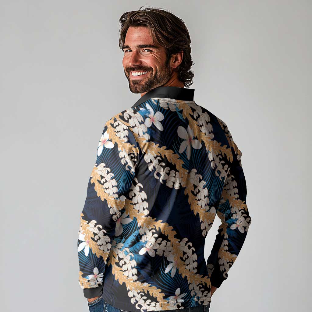 Puakenikeni Maile Lei Long Sleeve Polo Shirt Frangipani Blue Tropical Leaves LT01 - Polynesian Pride