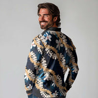 Puakenikeni Maile Lei Long Sleeve Polo Shirt Frangipani Blue Tropical Leaves LT01 - Polynesian Pride