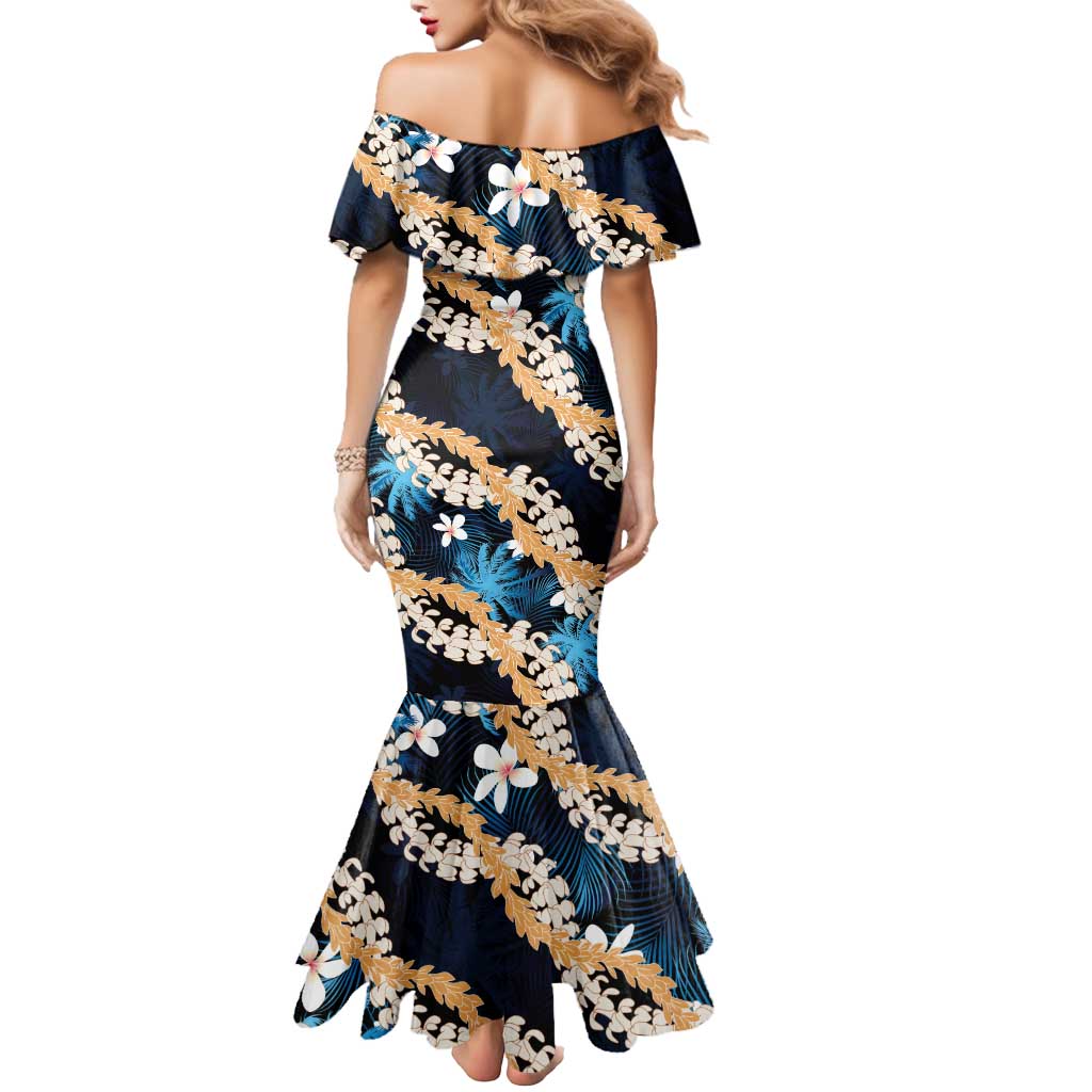 Puakenikeni Maile Lei Mermaid Dress Frangipani Blue Tropical Leaves