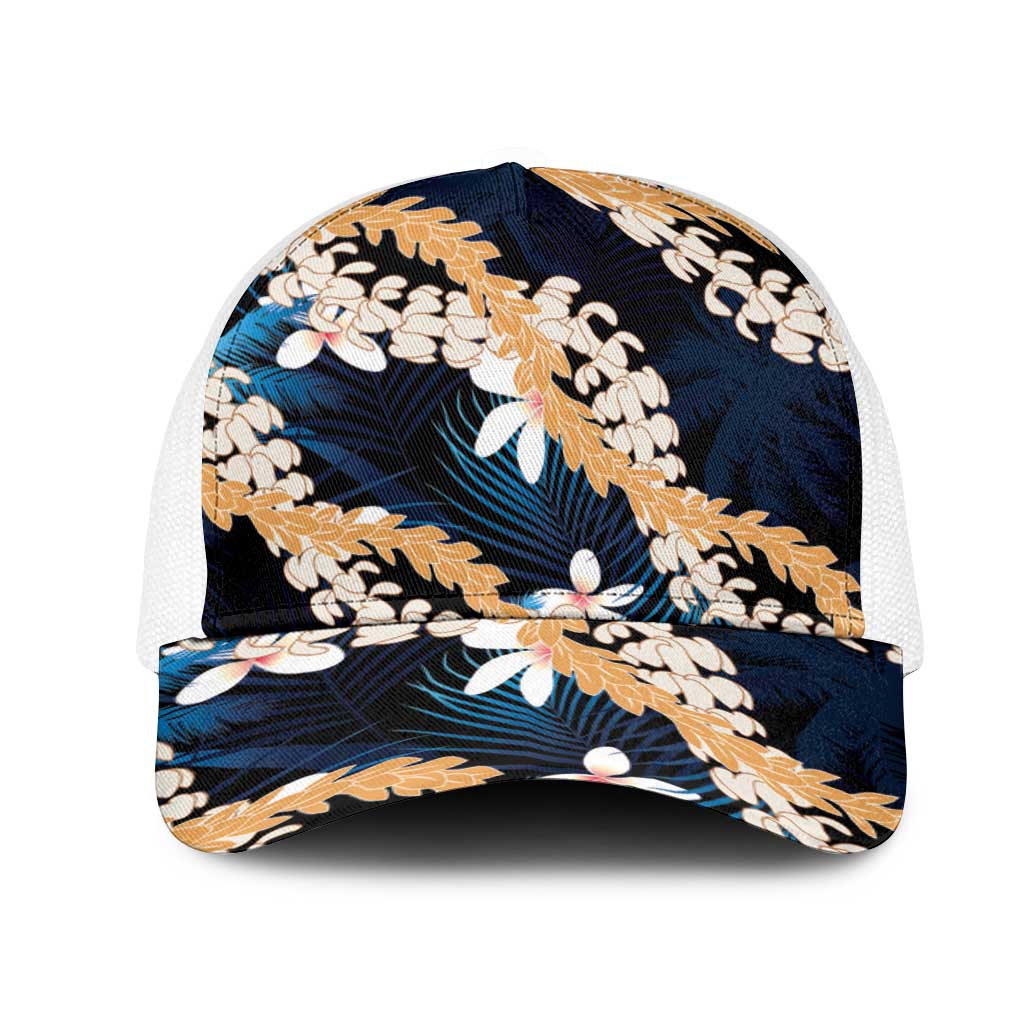 Puakenikeni Maile Lei Mesh Trucker Cap Frangipani Blue Tropical Leaves LT01 One Size White Blue - Polynesian Pride