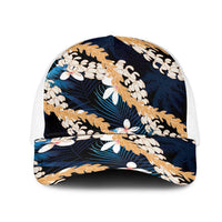 Puakenikeni Maile Lei Mesh Trucker Cap Frangipani Blue Tropical Leaves LT01 One Size White Blue - Polynesian Pride