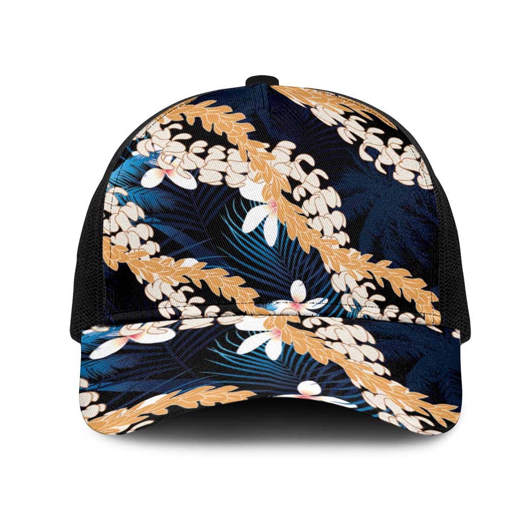 Puakenikeni Maile Lei Mesh Trucker Cap Frangipani Blue Tropical Leaves LT01 One Size Black Blue - Polynesian Pride