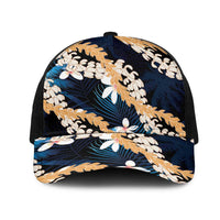 Puakenikeni Maile Lei Mesh Trucker Cap Frangipani Blue Tropical Leaves LT01 One Size Black Blue - Polynesian Pride
