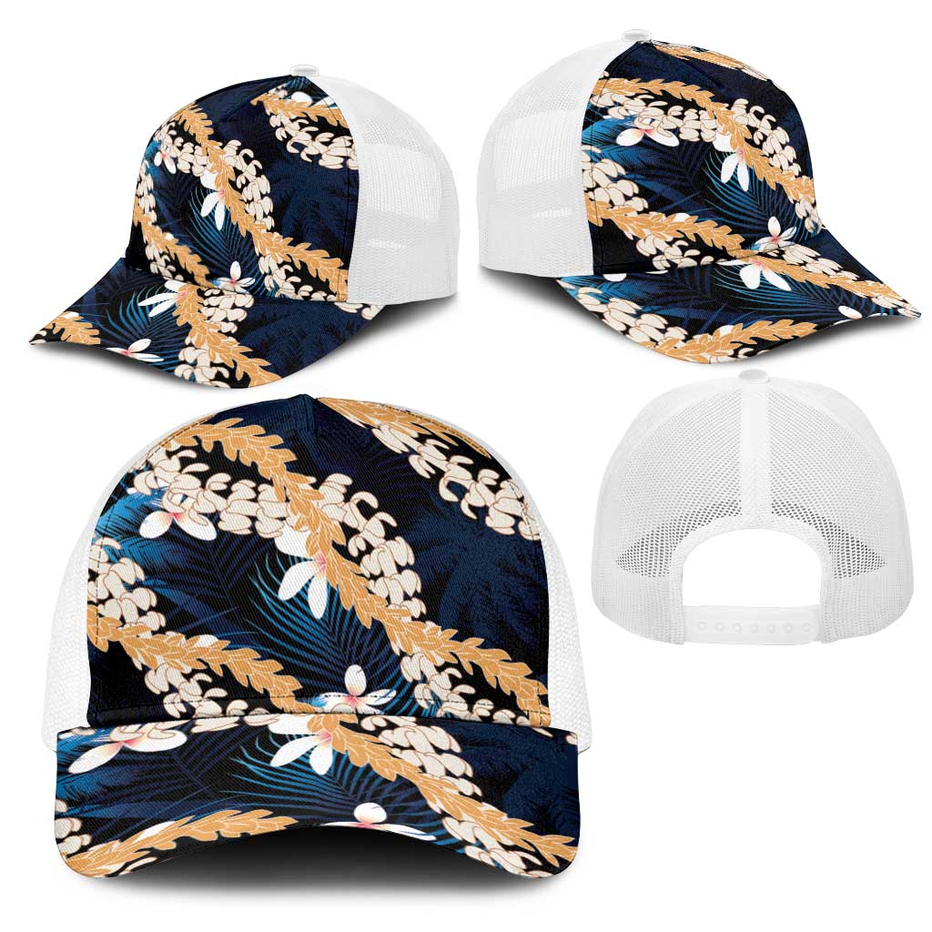 Puakenikeni Maile Lei Mesh Trucker Cap Frangipani Blue Tropical Leaves LT01 - Polynesian Pride