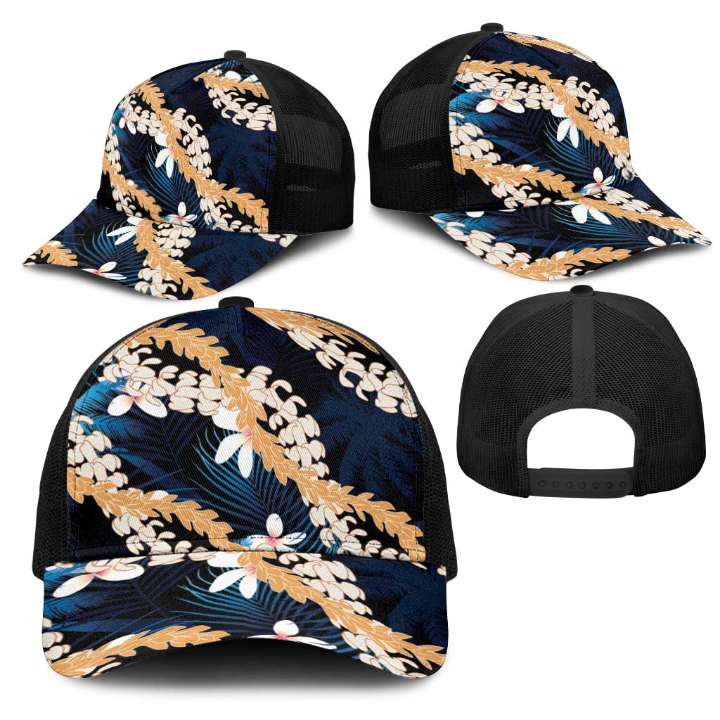 Puakenikeni Maile Lei Mesh Trucker Cap Frangipani Blue Tropical Leaves LT01 - Polynesian Pride