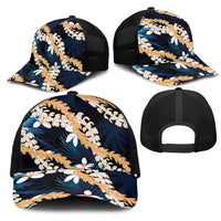 Puakenikeni Maile Lei Mesh Trucker Cap Frangipani Blue Tropical Leaves LT01 - Polynesian Pride