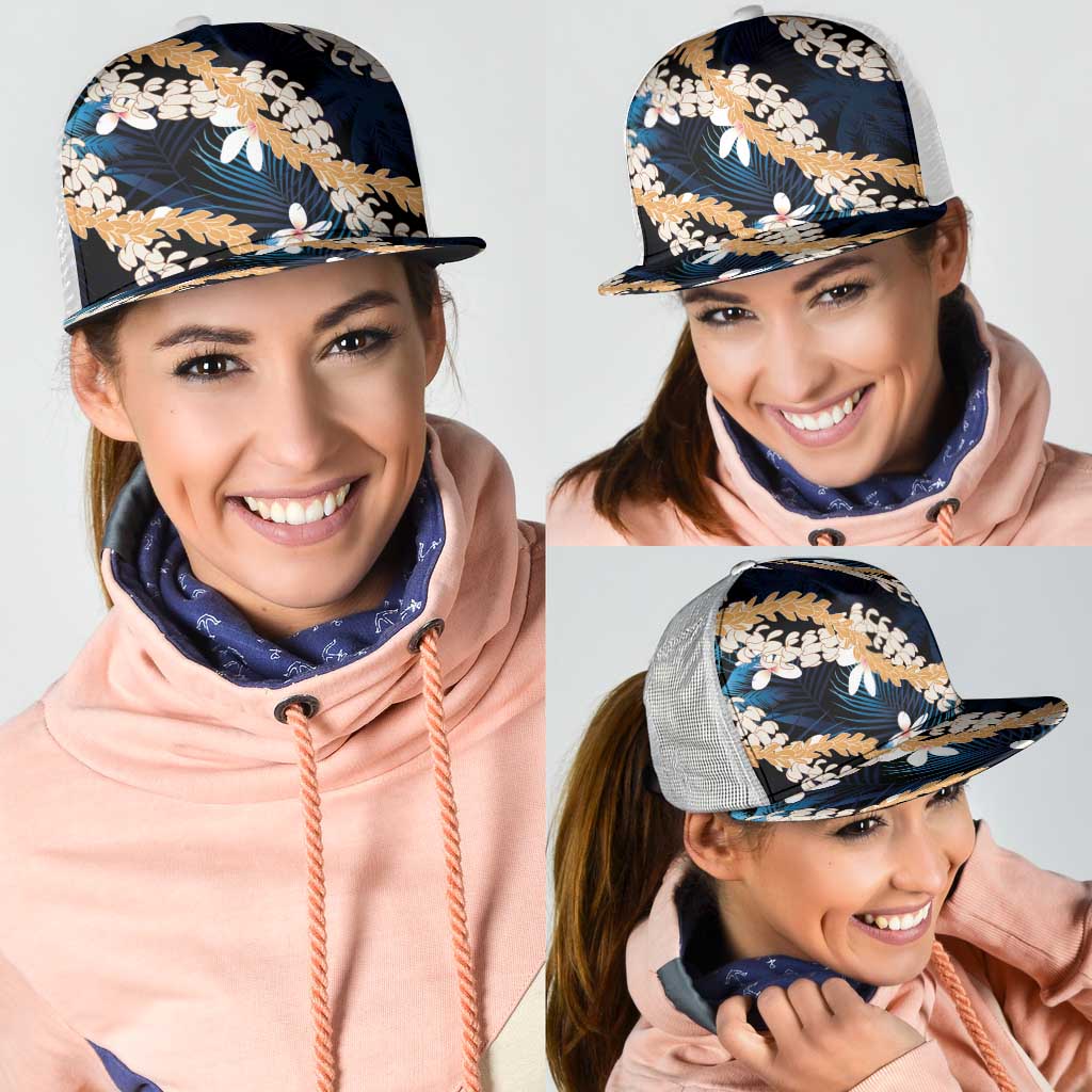 Puakenikeni Maile Lei Mesh Trucker Cap Frangipani Blue Tropical Leaves LT01 - Polynesian Pride