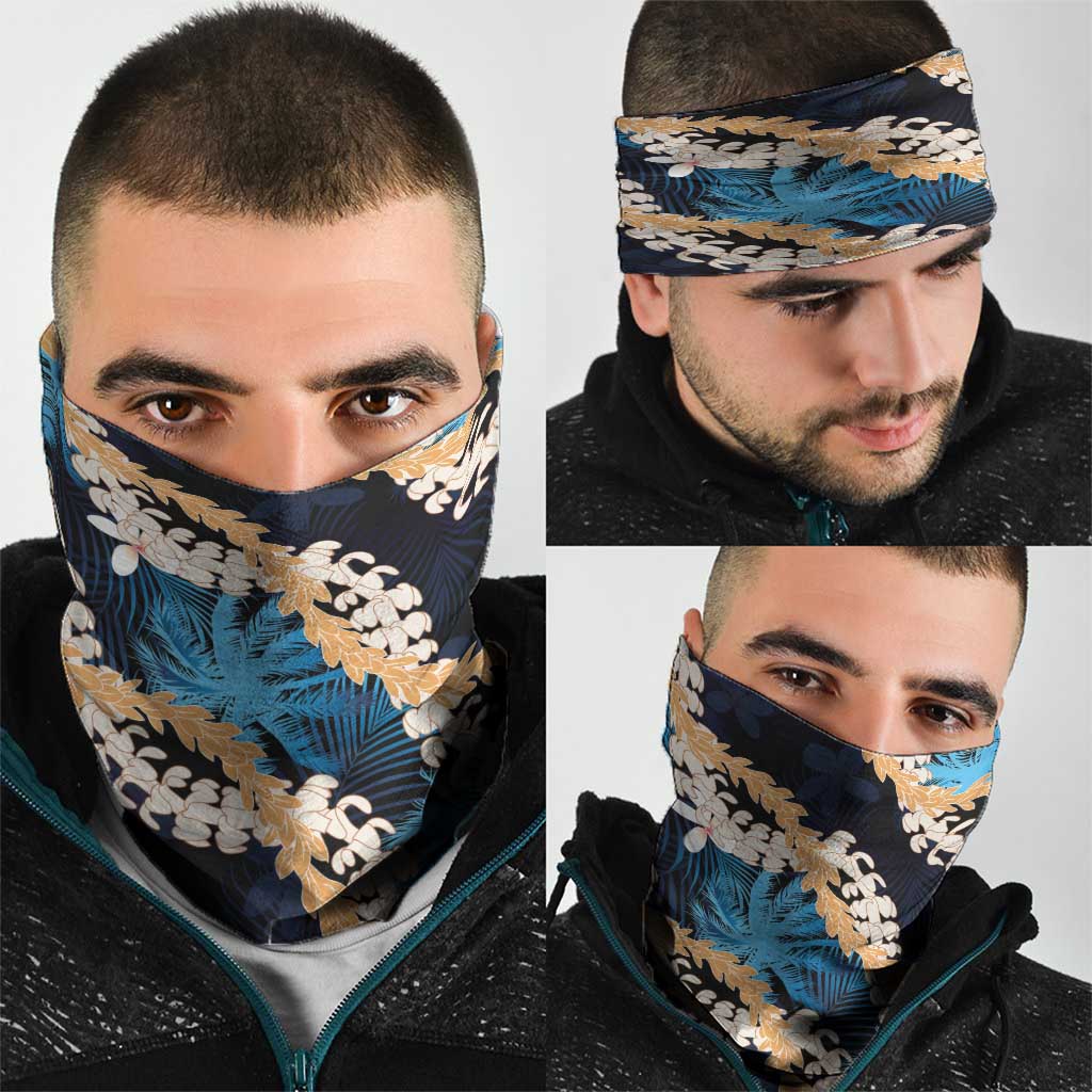 Puakenikeni Maile Lei Neck Gaiter Frangipani Blue Tropical Leaves