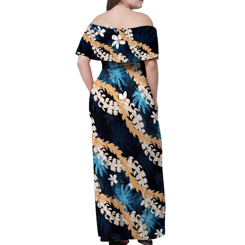 Puakenikeni Maile Lei Off Shoulder Maxi Dress Frangipani Blue Tropical Leaves