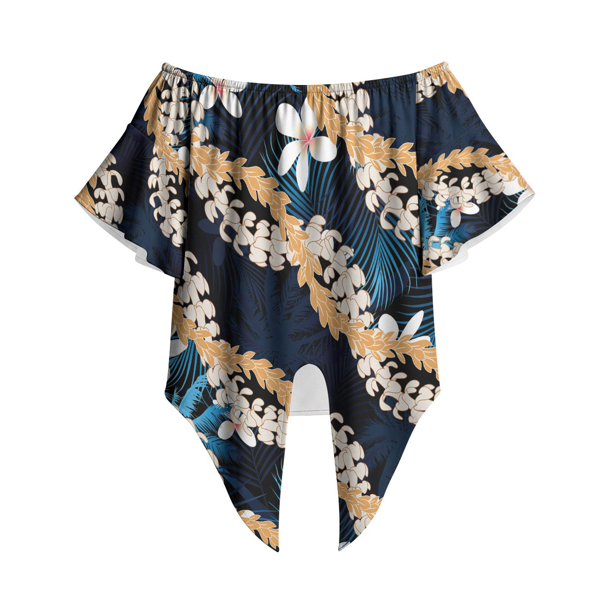 Puakenikeni Maile Lei Off Shoulder Wrap Waist Top Frangipani Blue Tropical Leaves LT01 Blue - Polynesian Pride