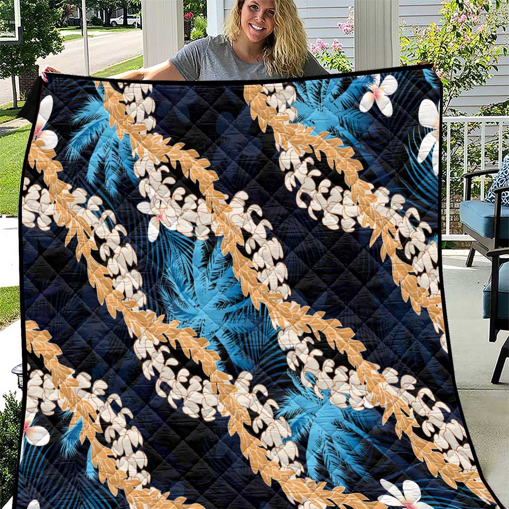 Puakenikeni Maile Lei Quilt Frangipani Blue Tropical Leaves