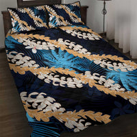 Puakenikeni Maile Lei Quilt Bed Set Frangipani Blue Tropical Leaves