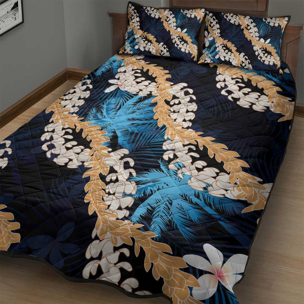 Puakenikeni Maile Lei Quilt Bed Set Frangipani Blue Tropical Leaves