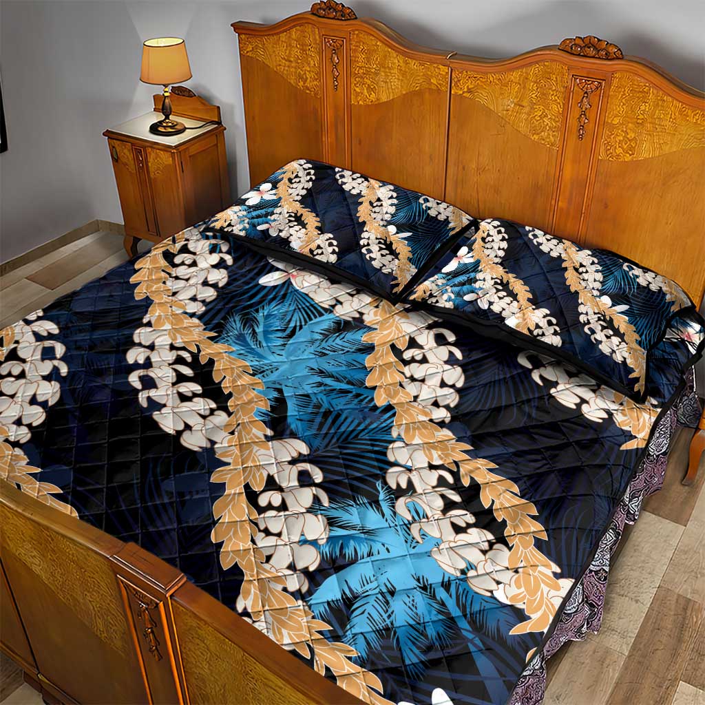 Puakenikeni Maile Lei Quilt Bed Set Frangipani Blue Tropical Leaves