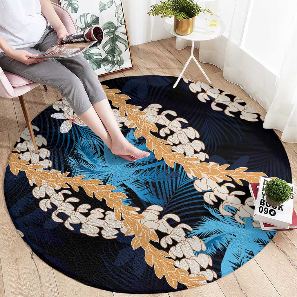 Puakenikeni Maile Lei Round Carpet Frangipani Blue Tropical Leaves
