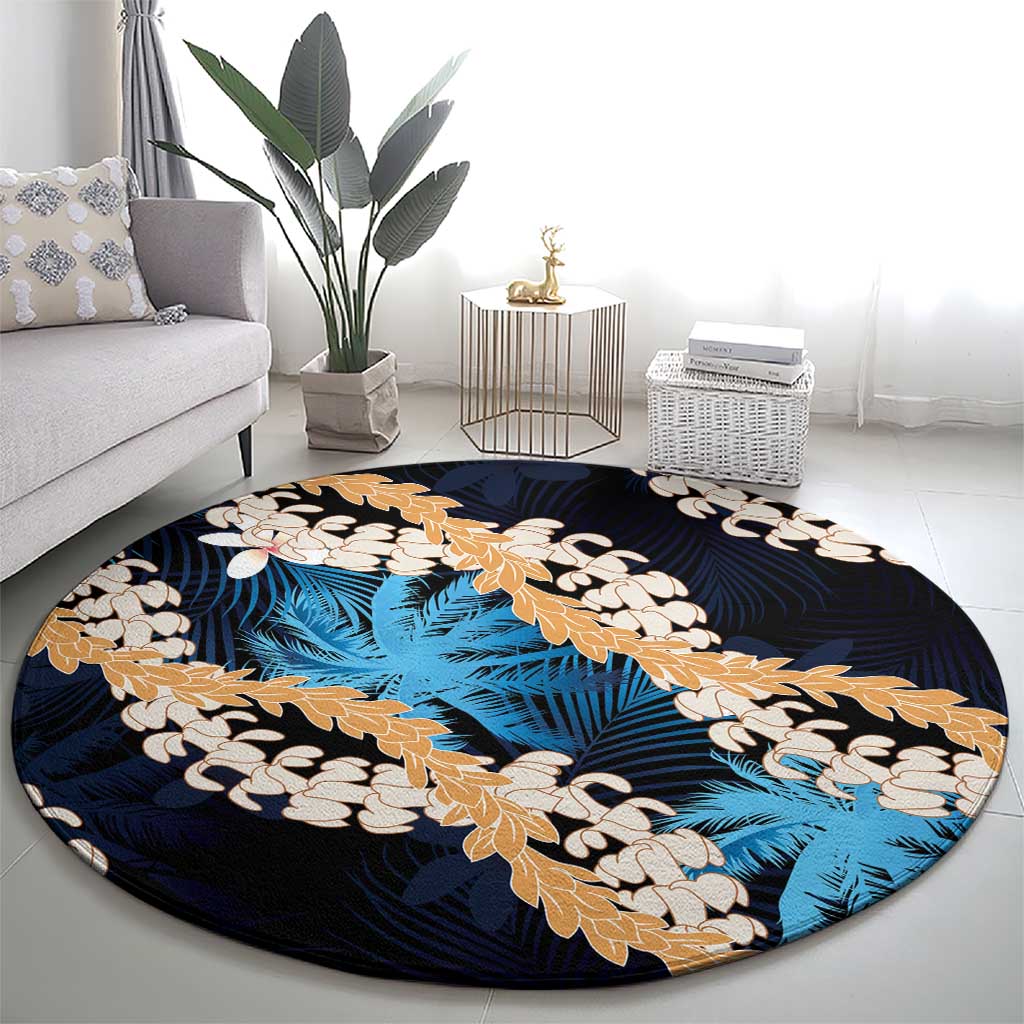 Puakenikeni Maile Lei Round Carpet Frangipani Blue Tropical Leaves