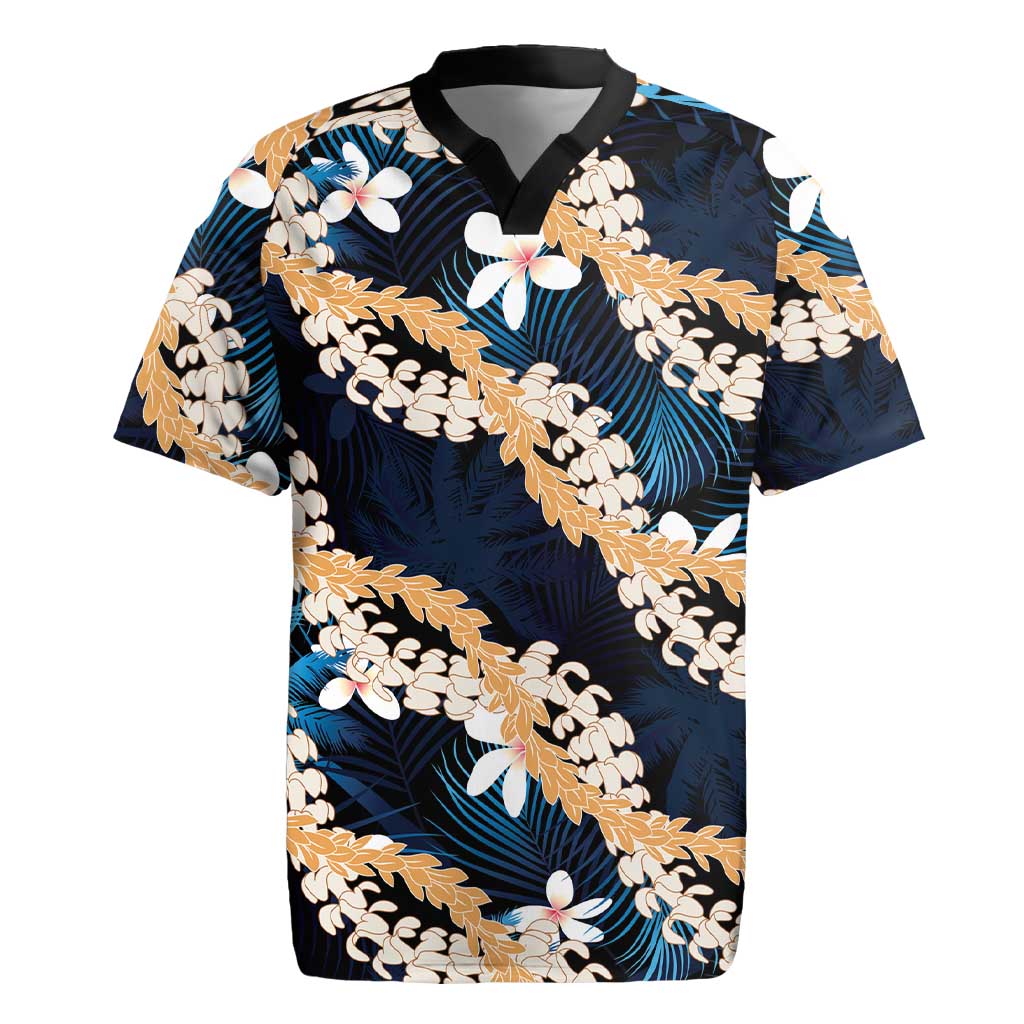 Puakenikeni Maile Lei Rugby Jersey Frangipani Blue Tropical Leaves LT01 Blue - Polynesian Pride